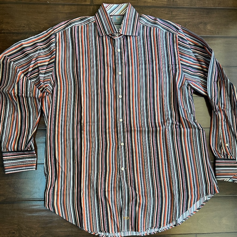 Thomas Dean Red Black Stripe Long Sleeve Shirt Sz L